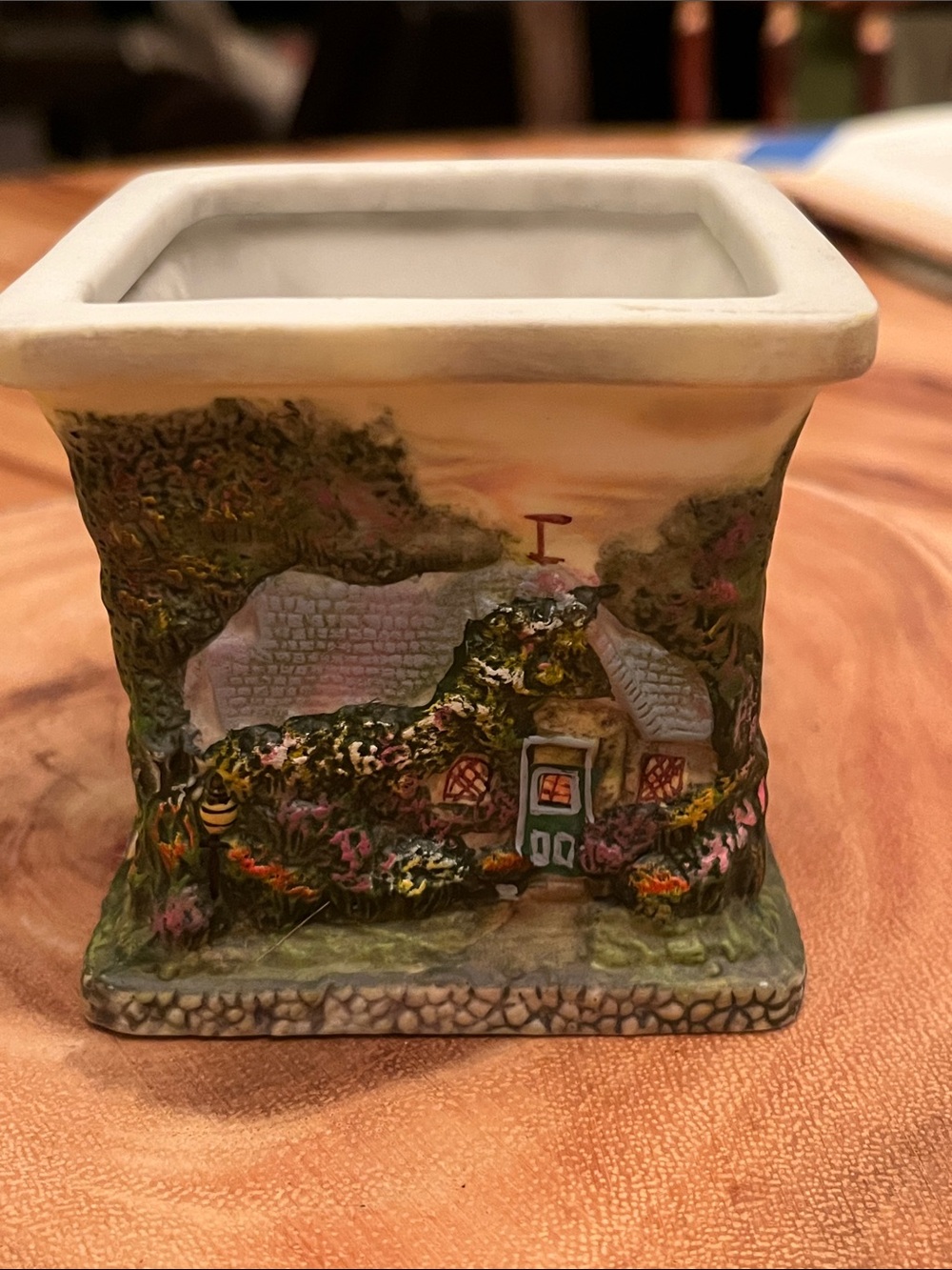 Hand-Painted Cottage Ceramic Planter in White and Multicolor
